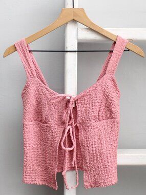 See You Monday Mauve Pink Textured Tie-Front Open Cropped Tank Top Size Small